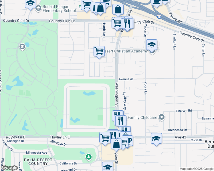 map of restaurants, bars, coffee shops, grocery stores, and more near 77900 Woodhaven Drive North in Palm Desert
