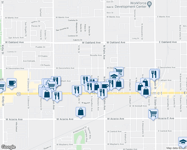 map of restaurants, bars, coffee shops, grocery stores, and more near 227 North Western Avenue in Hemet