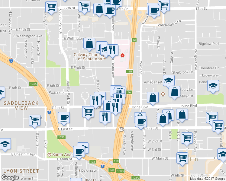 map of restaurants, bars, coffee shops, grocery stores, and more near 545 North Tustin Avenue in Santa Ana