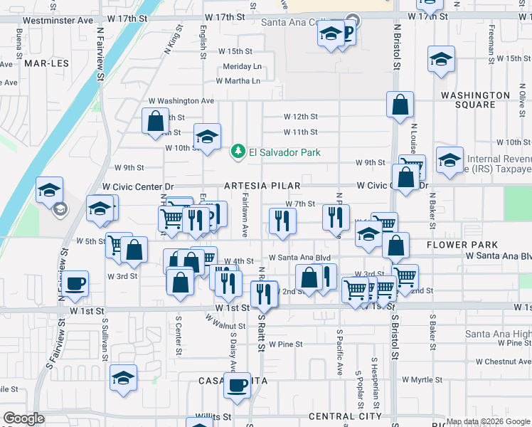 map of restaurants, bars, coffee shops, grocery stores, and more near 1721 West 6th Street in Santa Ana
