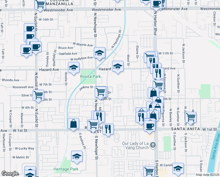 map of restaurants, bars, coffee shops, grocery stores, and more near 4318 Roosevelt Avenue in Santa Ana