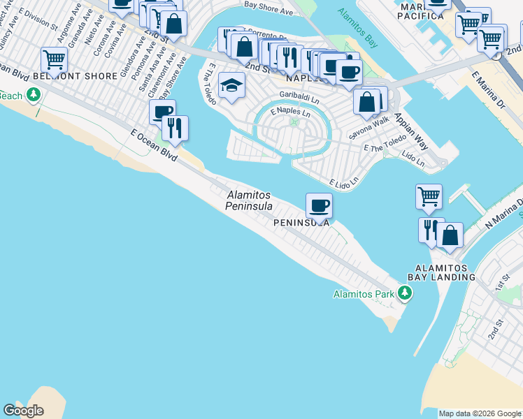 map of restaurants, bars, coffee shops, grocery stores, and more near 37 58th Place in Long Beach