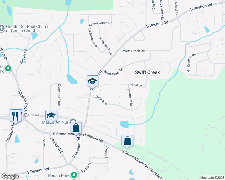 map of restaurants, bars, coffee shops, grocery stores, and more near 1420 Edenfield Court in Lithonia