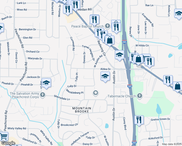 map of restaurants, bars, coffee shops, grocery stores, and more near 3656 West Austin Court in Decatur