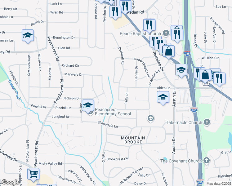 map of restaurants, bars, coffee shops, grocery stores, and more near 1462 Janmar Drive in Decatur