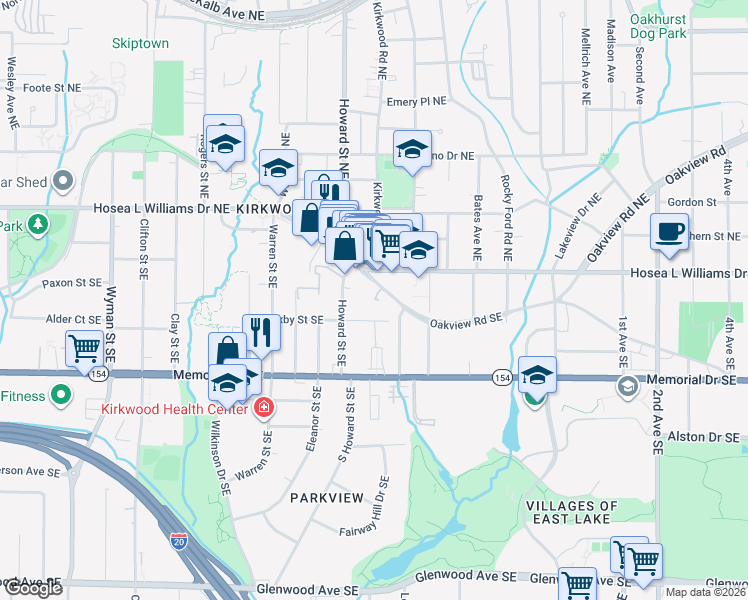 map of restaurants, bars, coffee shops, grocery stores, and more near 2023 Oakview Road Southeast in Atlanta