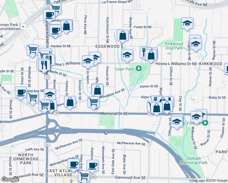 map of restaurants, bars, coffee shops, grocery stores, and more near 115 Montgomery Street Southeast in Atlanta