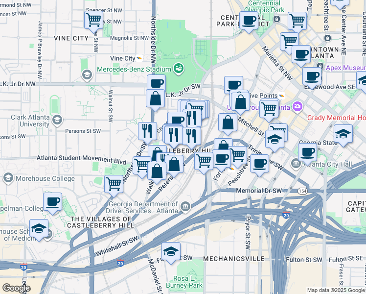 map of restaurants, bars, coffee shops, grocery stores, and more near 140 Walker Street Southwest in Atlanta