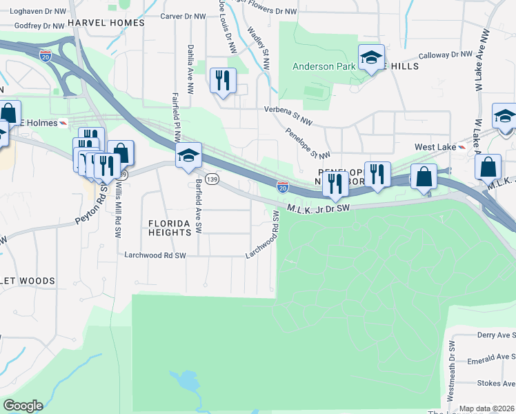 map of restaurants, bars, coffee shops, grocery stores, and more near 2124 Martin Luther King Junior Drive Southwest in Atlanta