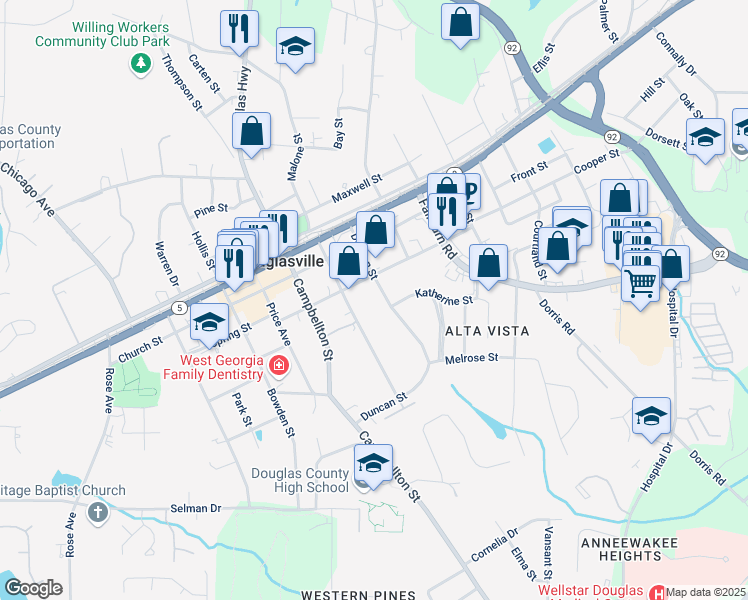 map of restaurants, bars, coffee shops, grocery stores, and more near 8451 Duncan Street in Douglasville