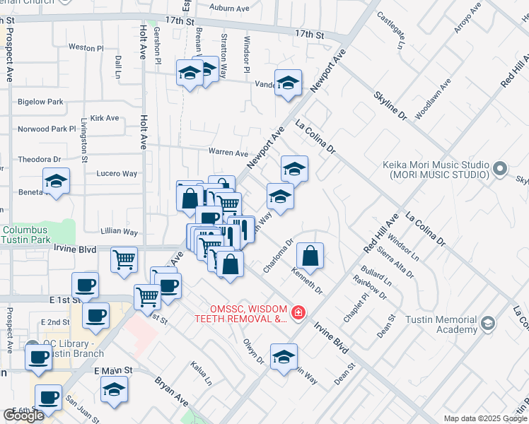 map of restaurants, bars, coffee shops, grocery stores, and more near 12801 Elizabeth Way in Tustin