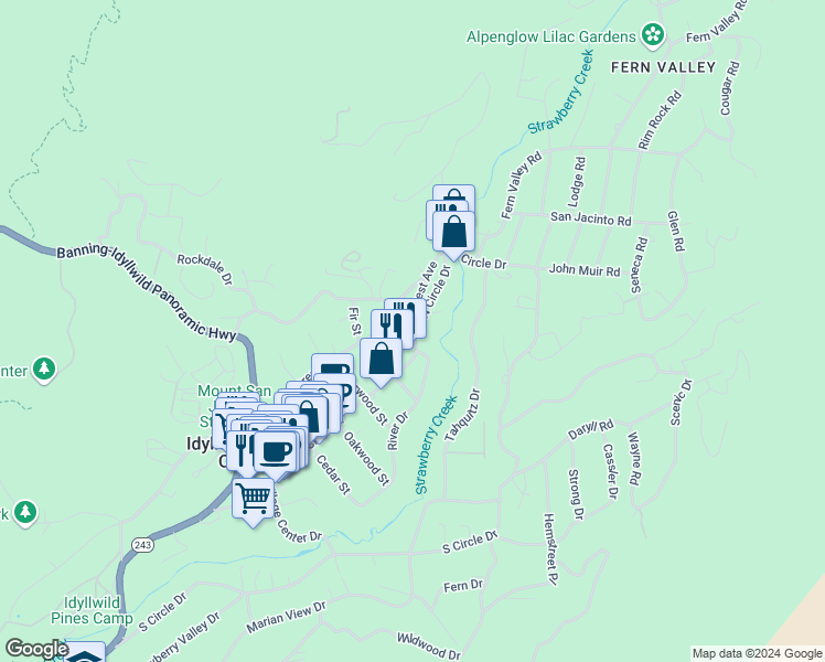 map of restaurants, bars, coffee shops, grocery stores, and more near in Idyllwild-Pine Cove