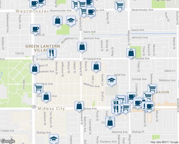 map of restaurants, bars, coffee shops, grocery stores, and more near 8581 Roosevelt Avenue in Midway City