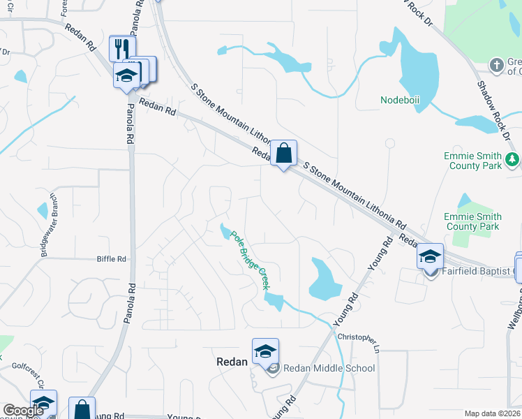 map of restaurants, bars, coffee shops, grocery stores, and more near 1421 Stoneleigh Hill Rd in Lithonia