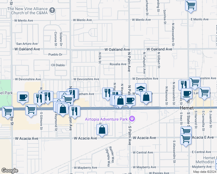 map of restaurants, bars, coffee shops, grocery stores, and more near 244 Valley View Drive in Hemet