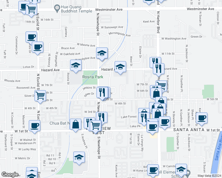 map of restaurants, bars, coffee shops, grocery stores, and more near 4318 Roosevelt Avenue in Santa Ana
