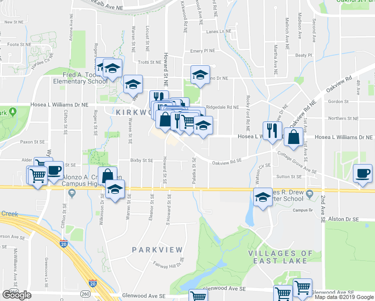 map of restaurants, bars, coffee shops, grocery stores, and more near 2027 Oakview Road Southeast in Atlanta