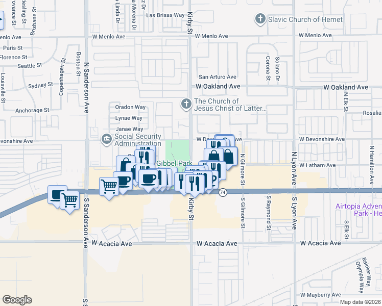 map of restaurants, bars, coffee shops, grocery stores, and more near 1250 North Kirby Street in Hemet