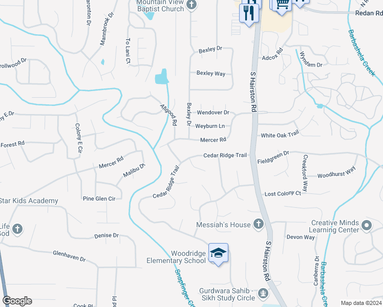 map of restaurants, bars, coffee shops, grocery stores, and more near 4566 Cedar Ridge Trail in Stone Mountain