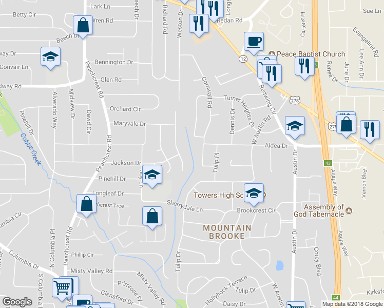 map of restaurants, bars, coffee shops, grocery stores, and more near 3625 Aldea Drive in Decatur