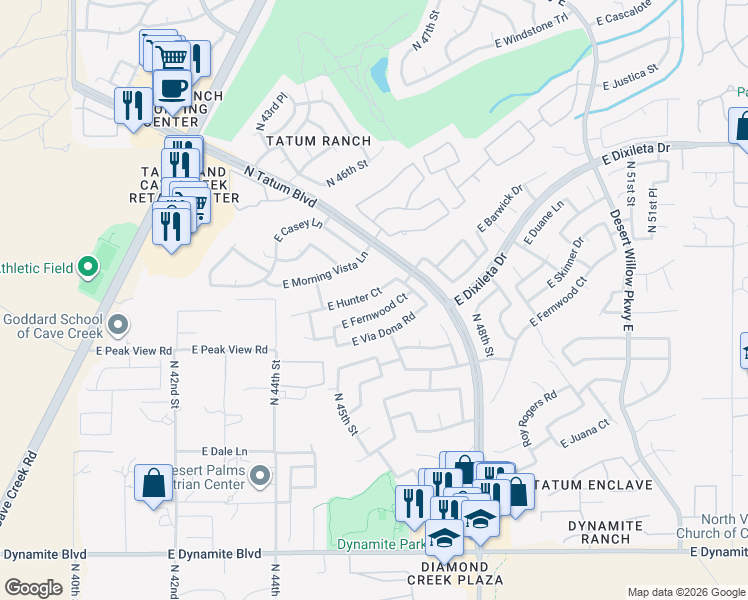 map of restaurants, bars, coffee shops, grocery stores, and more near 4601 East Hunter Court in Cave Creek