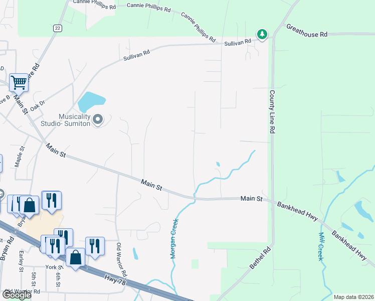 map of restaurants, bars, coffee shops, grocery stores, and more near 235 Morgan Road in Sumiton