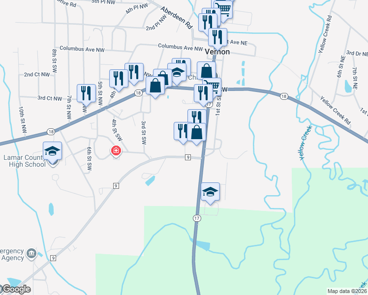 map of restaurants, bars, coffee shops, grocery stores, and more near 158 1st Street Southwest in Vernon
