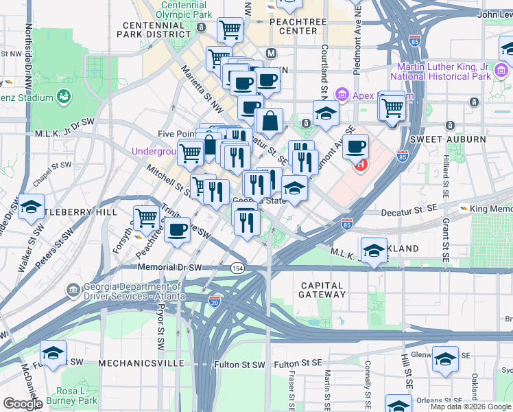 map of restaurants, bars, coffee shops, grocery stores, and more near in Atlanta