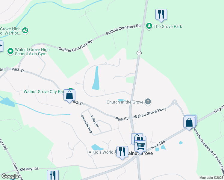 map of restaurants, bars, coffee shops, grocery stores, and more near 2101 Emerald Drive in Walnut Grove
