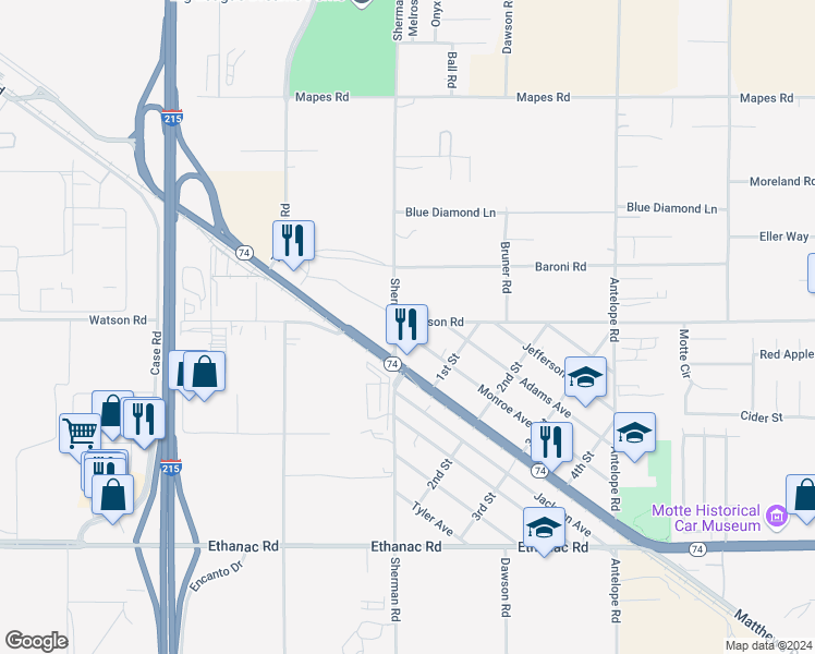 map of restaurants, bars, coffee shops, grocery stores, and more near 27528 Monroe Avenue in Menifee