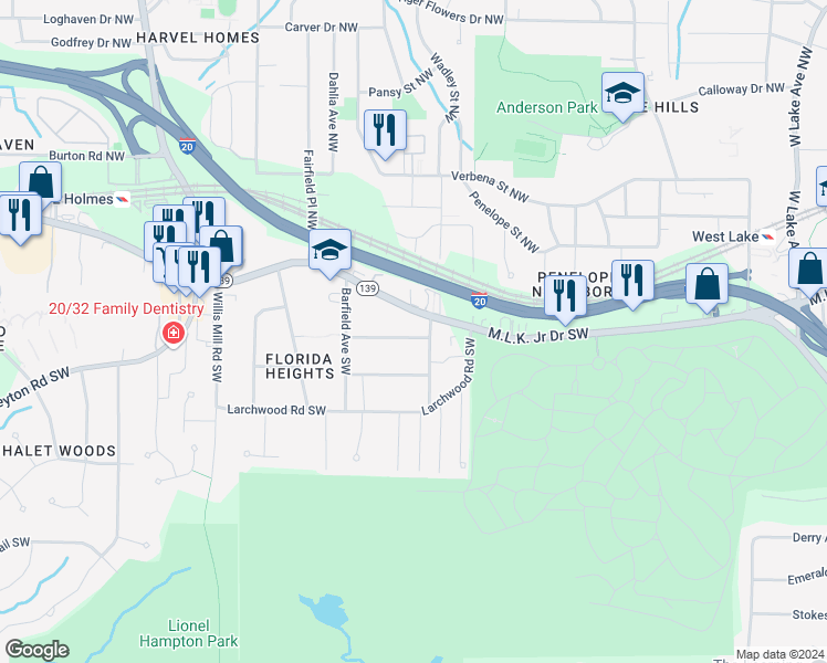 map of restaurants, bars, coffee shops, grocery stores, and more near 2167 Telhurst Street Southwest in Atlanta