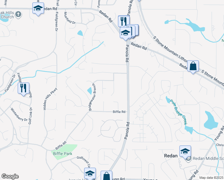 map of restaurants, bars, coffee shops, grocery stores, and more near 1453 Rockmoor Court in Stone Mountain