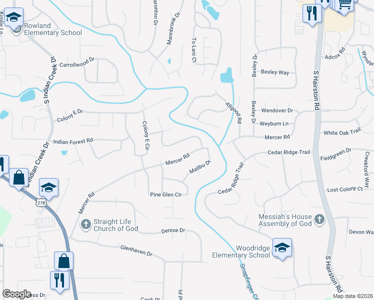 map of restaurants, bars, coffee shops, grocery stores, and more near 4436 Mercer Road in Decatur