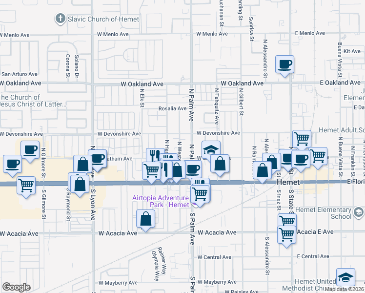 map of restaurants, bars, coffee shops, grocery stores, and more near 232 North Western Avenue in Hemet