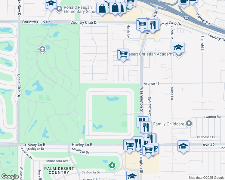 map of restaurants, bars, coffee shops, grocery stores, and more near 77766 Woodhaven Drive North in Palm Desert
