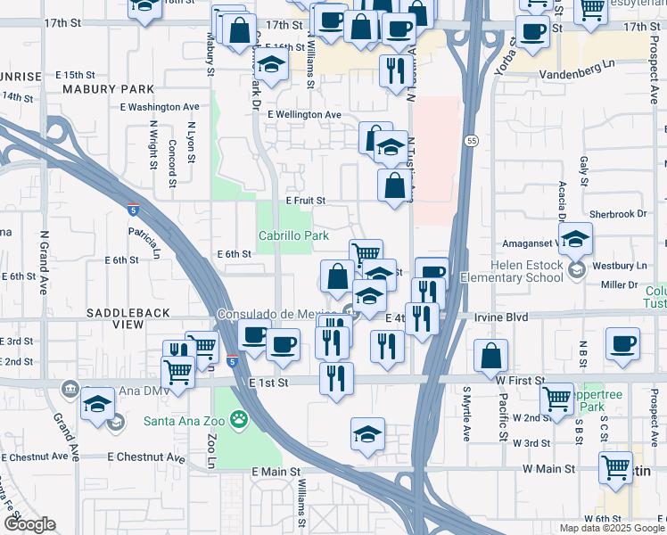 map of restaurants, bars, coffee shops, grocery stores, and more near 5 North Golden Circle Drive in Santa Ana