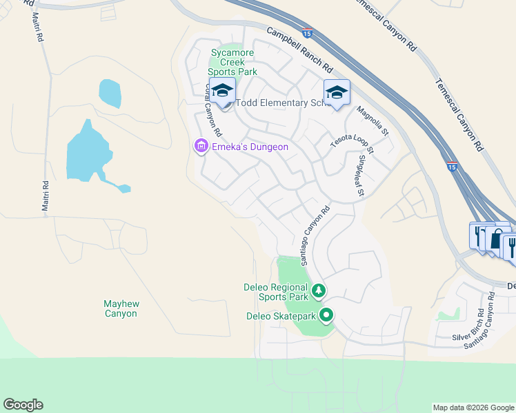 map of restaurants, bars, coffee shops, grocery stores, and more near 25457 Hyacinth Street in Corona