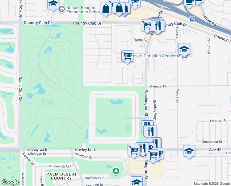 map of restaurants, bars, coffee shops, grocery stores, and more near 77760 Woodhaven Drive South in Palm Desert