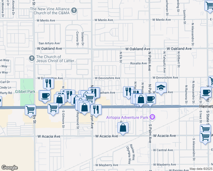 map of restaurants, bars, coffee shops, grocery stores, and more near 260 North Lyon Avenue in Hemet