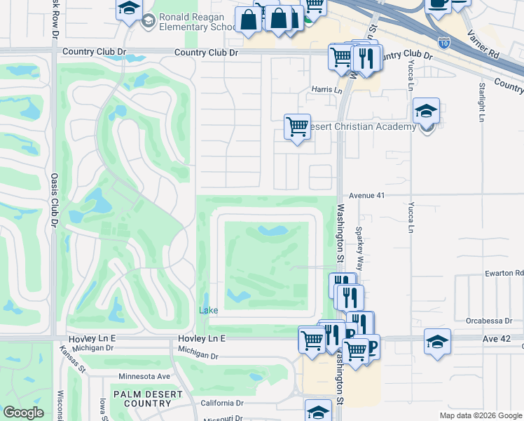 map of restaurants, bars, coffee shops, grocery stores, and more near 77720 Woodhaven Drive North in Palm Desert