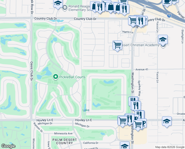 map of restaurants, bars, coffee shops, grocery stores, and more near 77576 Woodhaven Drive North in Palm Desert