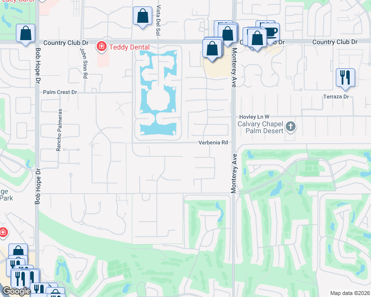 map of restaurants, bars, coffee shops, grocery stores, and more near 14 Strauss Terrace in Rancho Mirage