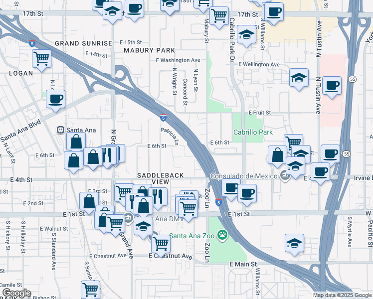 map of restaurants, bars, coffee shops, grocery stores, and more near 1636 East 6th Street in Santa Ana