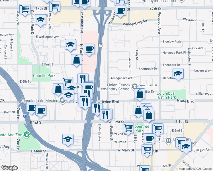 map of restaurants, bars, coffee shops, grocery stores, and more near 14681 Yorba Street in Tustin