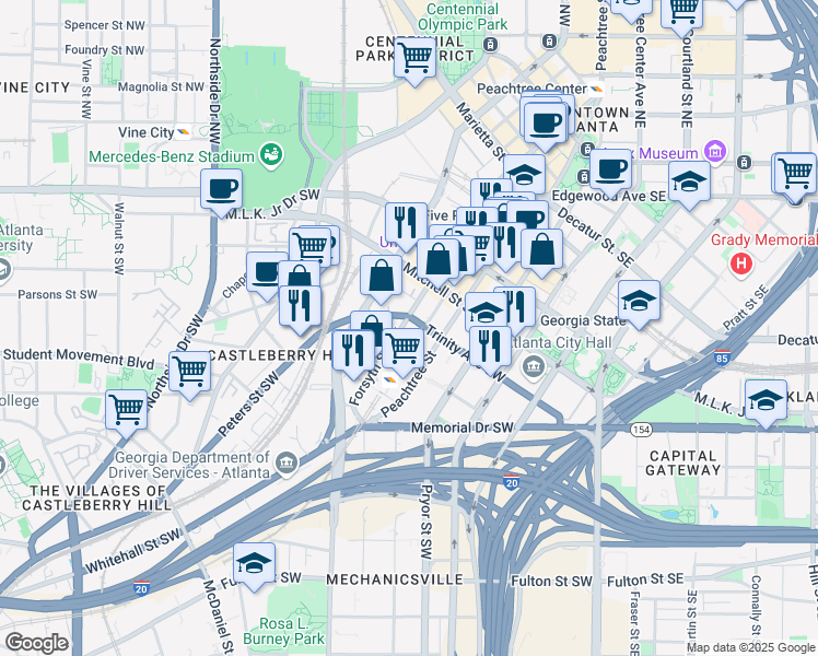 map of restaurants, bars, coffee shops, grocery stores, and more near 156 Forsyth Street Southwest in Atlanta