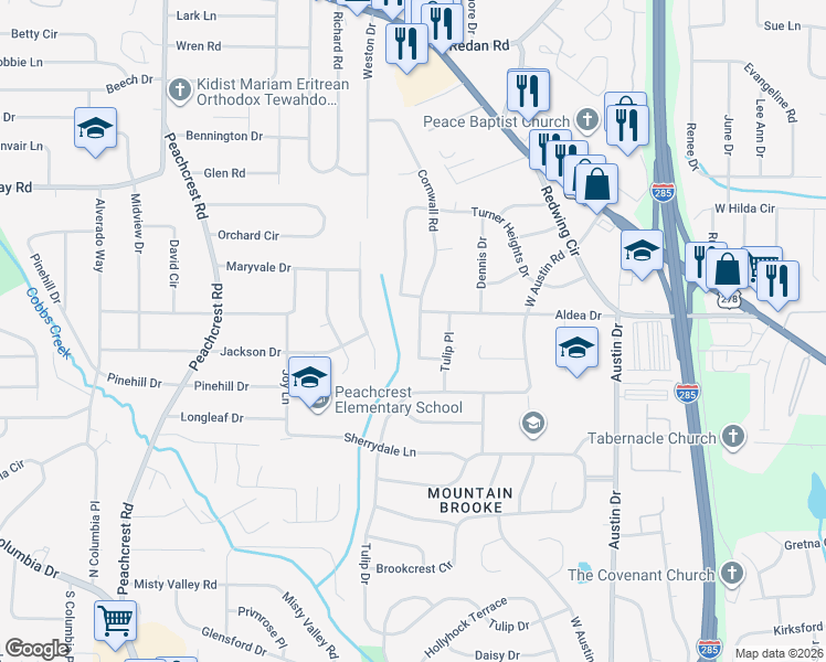 map of restaurants, bars, coffee shops, grocery stores, and more near 1462 Janmar Drive in Decatur