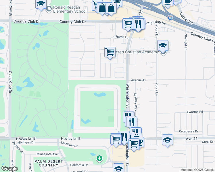 map of restaurants, bars, coffee shops, grocery stores, and more near 77830 Woodhaven Drive South in Palm Desert