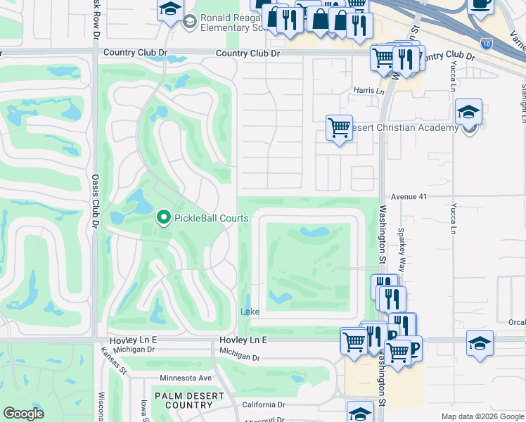 map of restaurants, bars, coffee shops, grocery stores, and more near 77576 Woodhaven Drive North in Palm Desert