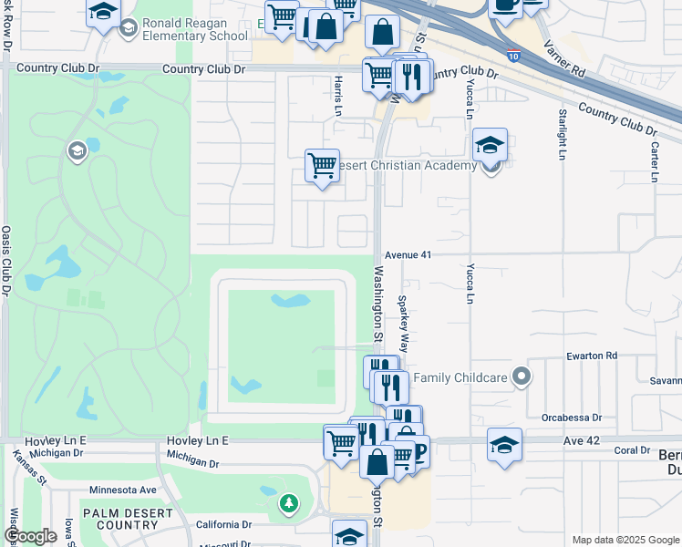 map of restaurants, bars, coffee shops, grocery stores, and more near 77900 Woodhaven Drive North in Palm Desert