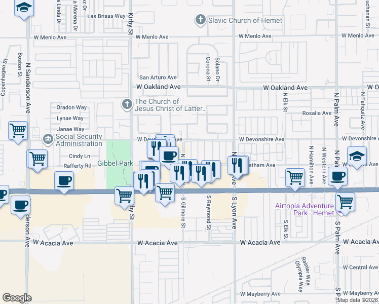 map of restaurants, bars, coffee shops, grocery stores, and more near in Hemet